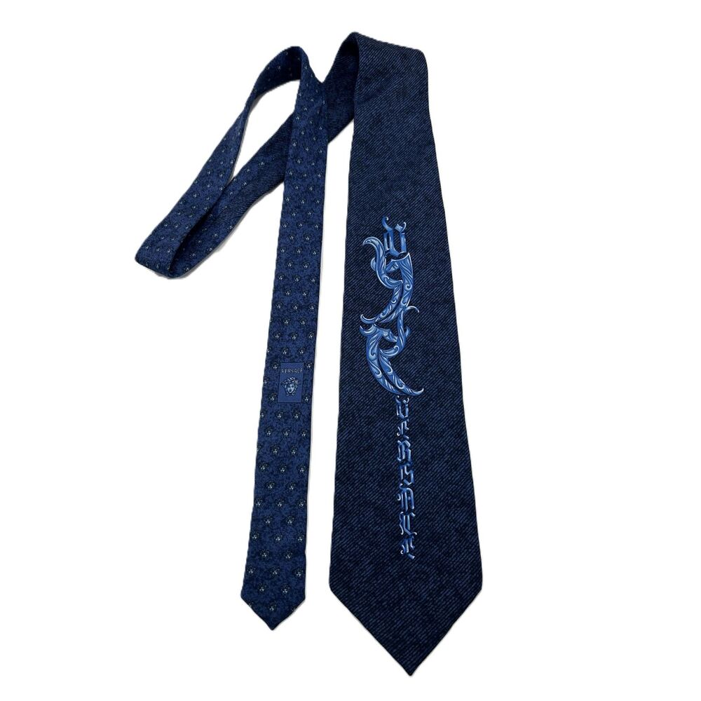 Gianni Versace Vintage 90's Silk Medusa Baroque Tie - Blue Jean Denim Look Italy